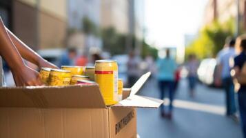 Closeup of a box of canned food, marked with Humanitarian Relief in bold lettering, being loaded onto a truck. photo