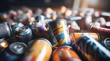Closeup of a pile of empty coffee cups and energy drink cans, symbolizing the struggle to stay awake and alert during virtual lectures. photo