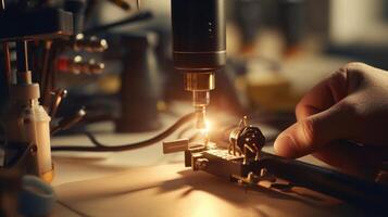 Closeup of a soldering gun being used to attach a motor to a robots frame. photo