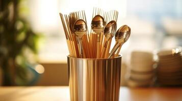 Closeup of a metal straw and bamboo utensils displayed in a zerowaste utensil holder. photo