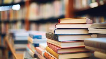 Closeup of a stack of books at a local library, a resource for families to gather and learn together. photo