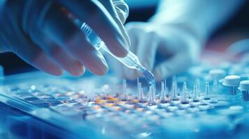Closeup of a person carefully pipetting a DNA sample into a well plate for genetic testing analysis. photo