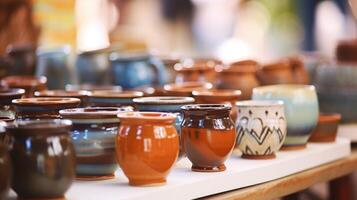 Closeup of handcrafted pottery and ceramics on display at a local artisan market. photo