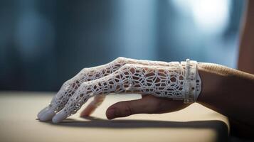 Detailed view of a 3Dprinted prosthetic hand being adjusted to fit a wrist. photo