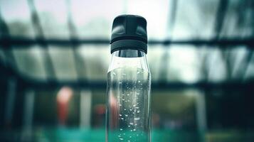 Closeup of a biometric sensor attached to a water bottle for tracking hydration. photo
