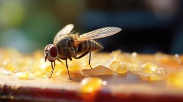 Closeup of a fruit fly near a compost bin, preventing pesky insects from laying eggs in the waste. photo