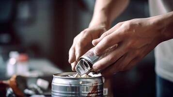 Closeup of a hand squeezing an aluminum can before placing it in a recycling bin. photo