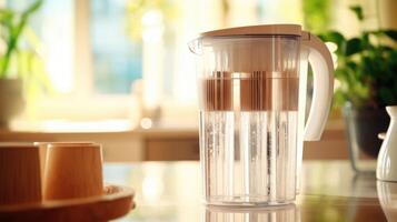Closeup of a clean water filter pitcher with a stack of used filter cartridges nearby. photo