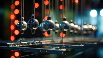 Closeup of a highspeed camera capturing the movement of a Newtons cradle display in slow motion. photo