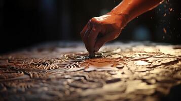 Up close view of an artists hand etching intricate patterns into a layer of wet clay, creating a textured background for a live mural. photo