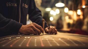 Closeup of a tailors chalk marking precise measurements on a piece of fabric. photo