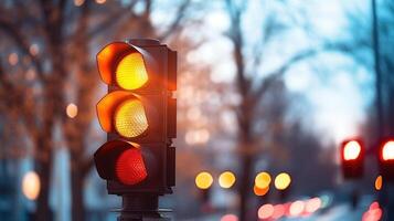 Closeup of a smart traffic light with sensors to adjust signal timing based on traffic flow. photo