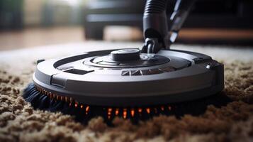 Macro shot of a robot vacuums motor and rotating brushes in action on an area rug. photo
