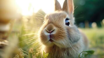 Closeup of a rabbits nose twitching with curiosity, natural and free in its spacious outdoor enclosure. photo