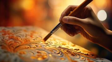Closeup of a hand holding a paintbrush, carefully tracing intricate designs on a canvas inspired by a popular TV series. photo