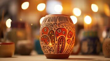 Closeup of a handcrafted ceramic vase adorned with symbols of hope and understanding. photo