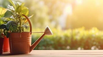 Closeup of a rustic watering can nestled a potted plants on a balcony. photo