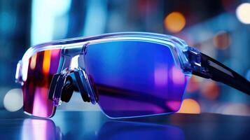 Closeup of a pair of futuristic sunglasses with reflective lenses. photo