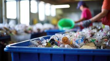 Closeup of a communityrun recycling center sorting through various items. photo