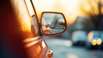 Closeup of a cars rearview mirror with a Objects are closer than they appear warning. photo