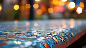 Closeup of intricate mosaic tiles being carefully p on a public bench, part of a community art installation. photo