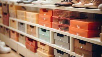 Closeup of a stack of designer shoe boxes neatly organized on a shelf. photo