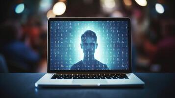 Closeup of a laptop screen with a blurred image of a victims face, conveying the anonymity of cyberbullying. photo