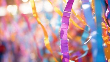 Macro shot of colorful streamers dancing in the breeze, adding to the festivals lively atmosphere. photo