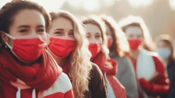 Closeup of a group of friends at a football game, all wearing custom face masks to show their team spirit. photo