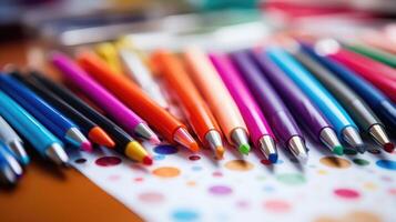 Closeup of a set of colored pens and markers next to a tablet, used by a teen for organizing and colorcoding their notes. photo