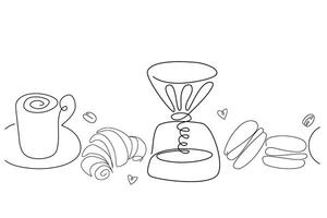 Cookie and coffee line border. Donut, croissant, cup and aroma beans. set. Bakery and cafe abstract symbol vector