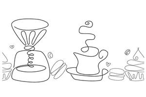 Coffee cup, kettle and aroma beans. Abstract line border on white background. Graphic design for coffee shop and cafe vector