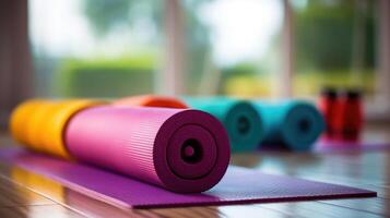 Closeup of a colorful yoga mat and dumbbells neatly arranged on a home workout setup photo