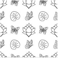 Seamless pattern garden with lotus flowers and butterflies in engraving style vector