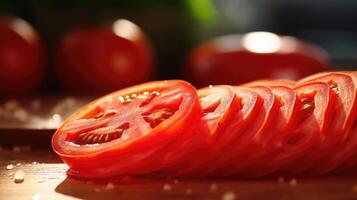 Macro shot of a juicy red tomato being sliced into thin rounds on a wooden ting board. photo