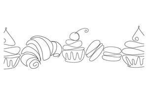 Bakery products in continuous line art drawing style. Black line sketch on white background. illustration vector