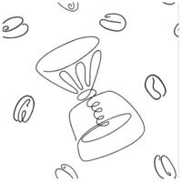 Seamless pattern of coffee, background. Cute beverages, hot drinks flat line icons - coffeemaker machine, beans, cup, grinder. Repeated texture for cafe menu, shop wrapping paper. vector