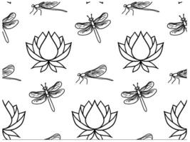seamless pattern with carps, lotuses and dragonflies. line art illustration vector