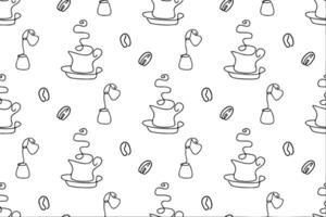 Seamless pattern of coffee, background. Cute beverages, hot drinks flat line icons - coffeemaker machine, beans, cup, grinder. Repeated texture for cafe menu, shop wrapping paper. vector