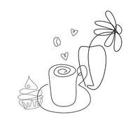 Doodles coffee cup with cakes, ice cream and sweets. Cartoon pattern with food for coloring book or design print. Possibility to easily change colors. illustration. vector