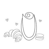 Coffee cup with croissant in continuous line art drawing style. Black line sketch on white background. illustration vector
