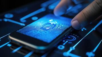 Closeup of a finger being scanned on a biometric sensor for fingerprint identification on a mobile device. photo