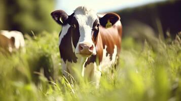 Closeup of a cow grazing in a lush pasture, practicing rotational grazing to maintain healthy soil. photo
