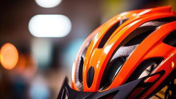 Closeup of a bike helmet with a builtin LED light. photo