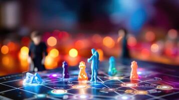 Closeup of a board game with AI characters that guide players through a virtual world, while teaching strategic thinking skills. photo