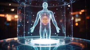 Closeup of a holographic display projecting a rotating model of the human body. photo