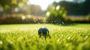 Closeup of a smart water sprinkler system, with a voiceactivated control panel, set on a lawn. photo