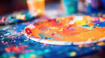 Closeup of a paintsplattered palette, showcasing a variety of vibrant colors being used in the creation of a live mural painting. photo