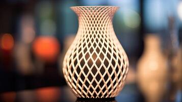 Closeup of a small 3D printed vase, with intricate geometric patterns on its surface. photo