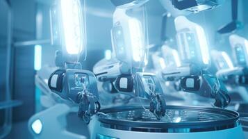 Detailed view of a stateoftheart surgical robot, with multiple arms and cameras attached, preparing to assist in a procedure. photo
